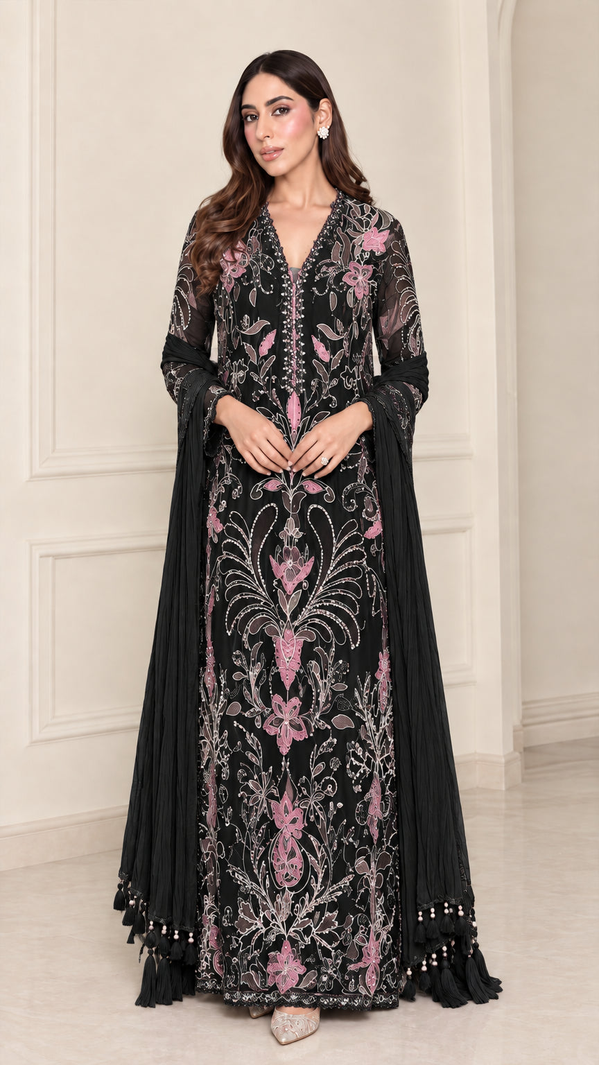 Full-length view of black floral embroidered formal maxi gown with matching scarf