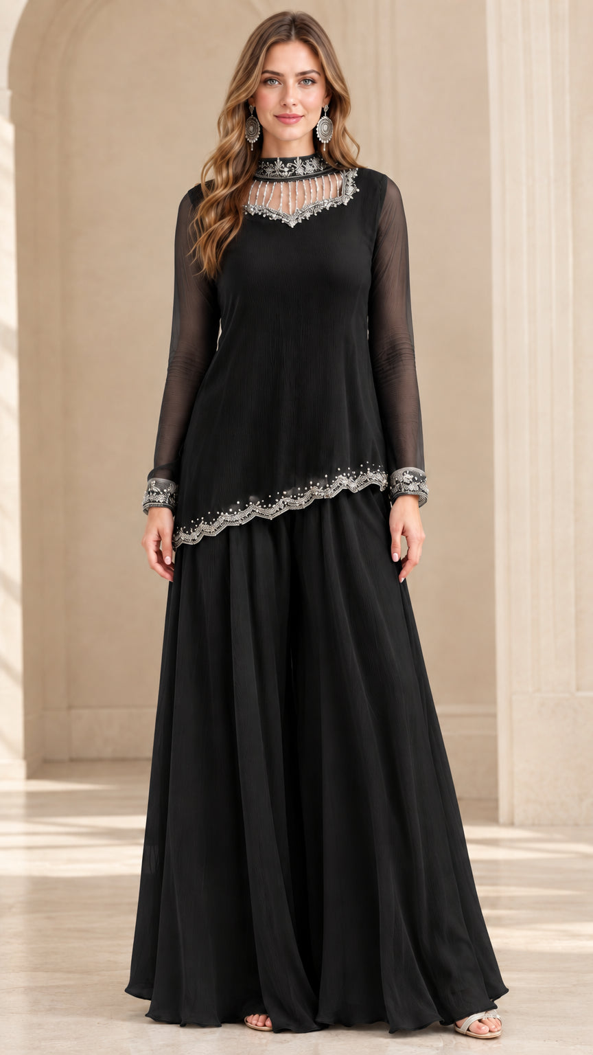 Black two-piece formal chiffon pant set with beaded illusion neckline