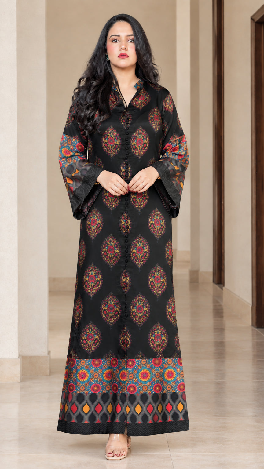 Front full-length view of black ethnic print maxi kaftan dress
