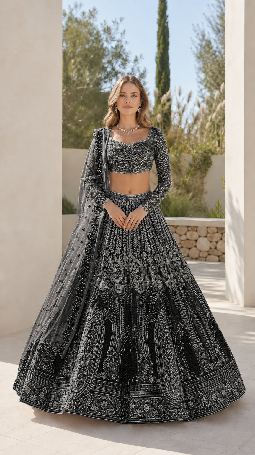 Full front view of charcoal black embroidered lehenga choli set