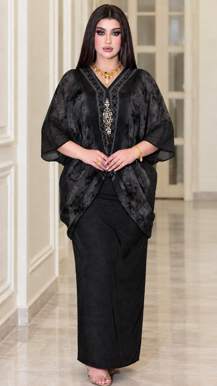Model wearing black embellished chiffon kaftan maxi dress set