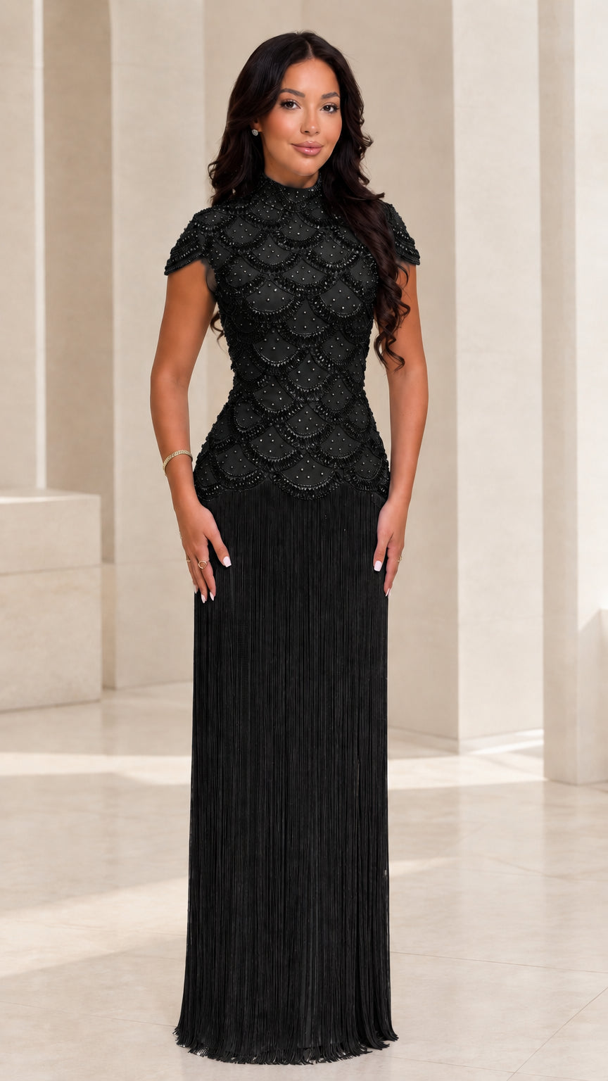Classic Black high neck beaded bodice fringe maxi dress