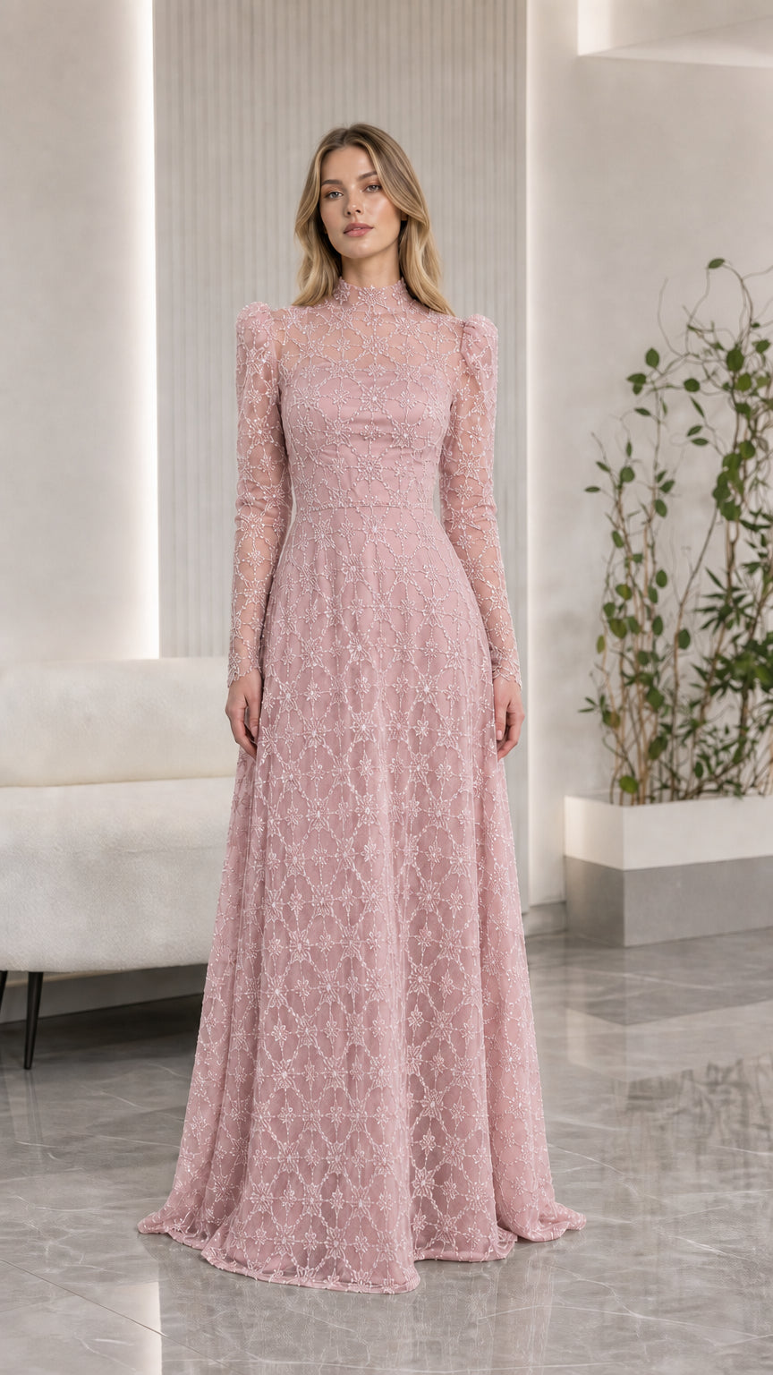 Front view of dusty pink beaded high neck evening maxi dress