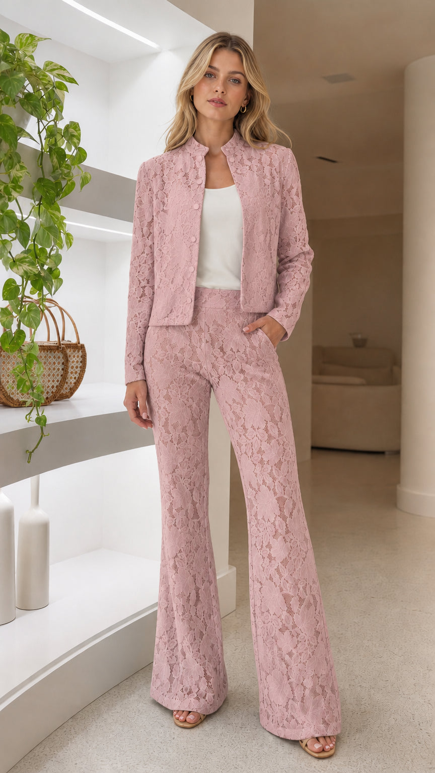 Dusty pink floral lace two-piece pant suit set with long sleeve jacket and flare trousers