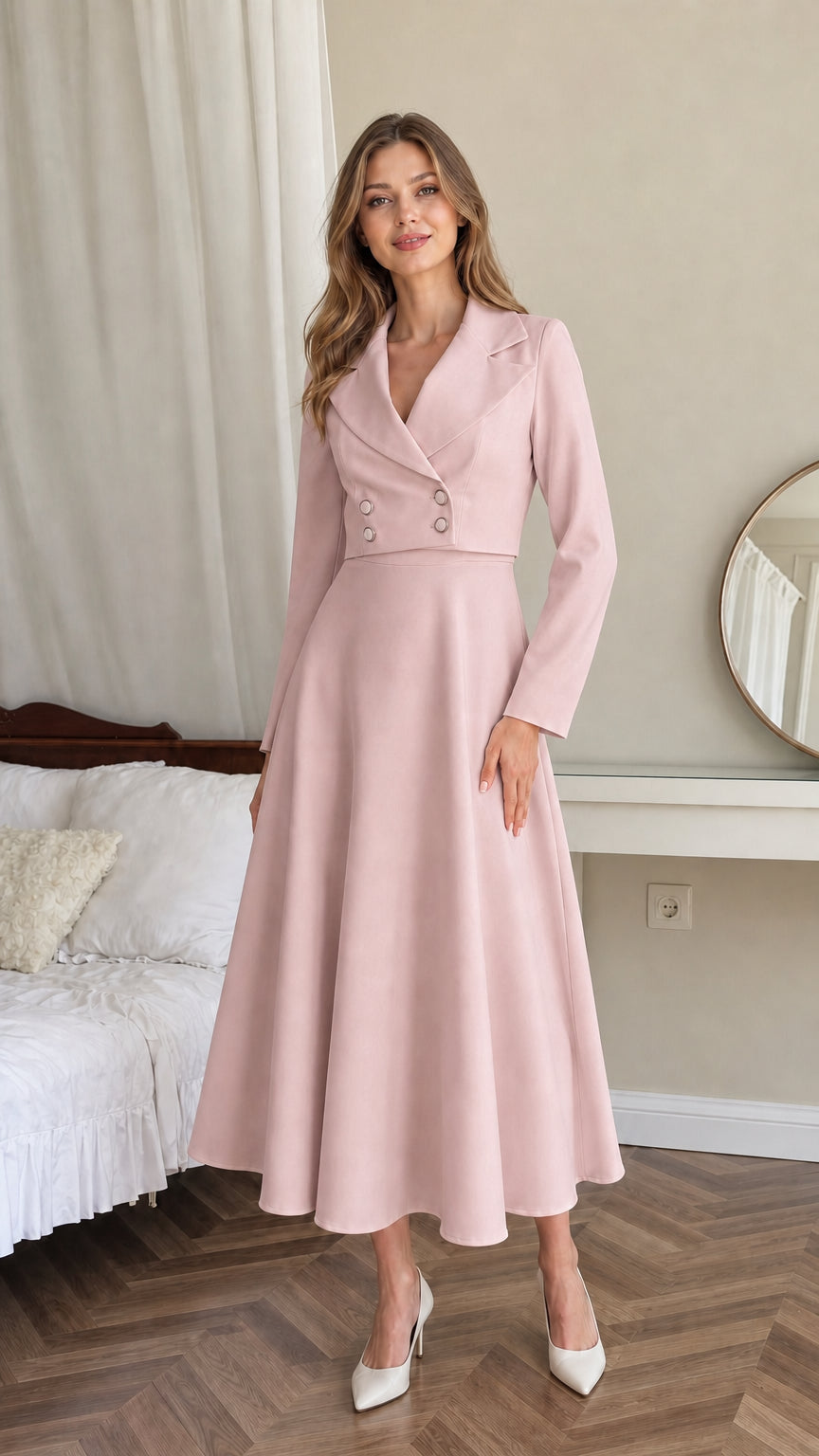 Front view of model wearing blush pink double-breasted blazer midi dress