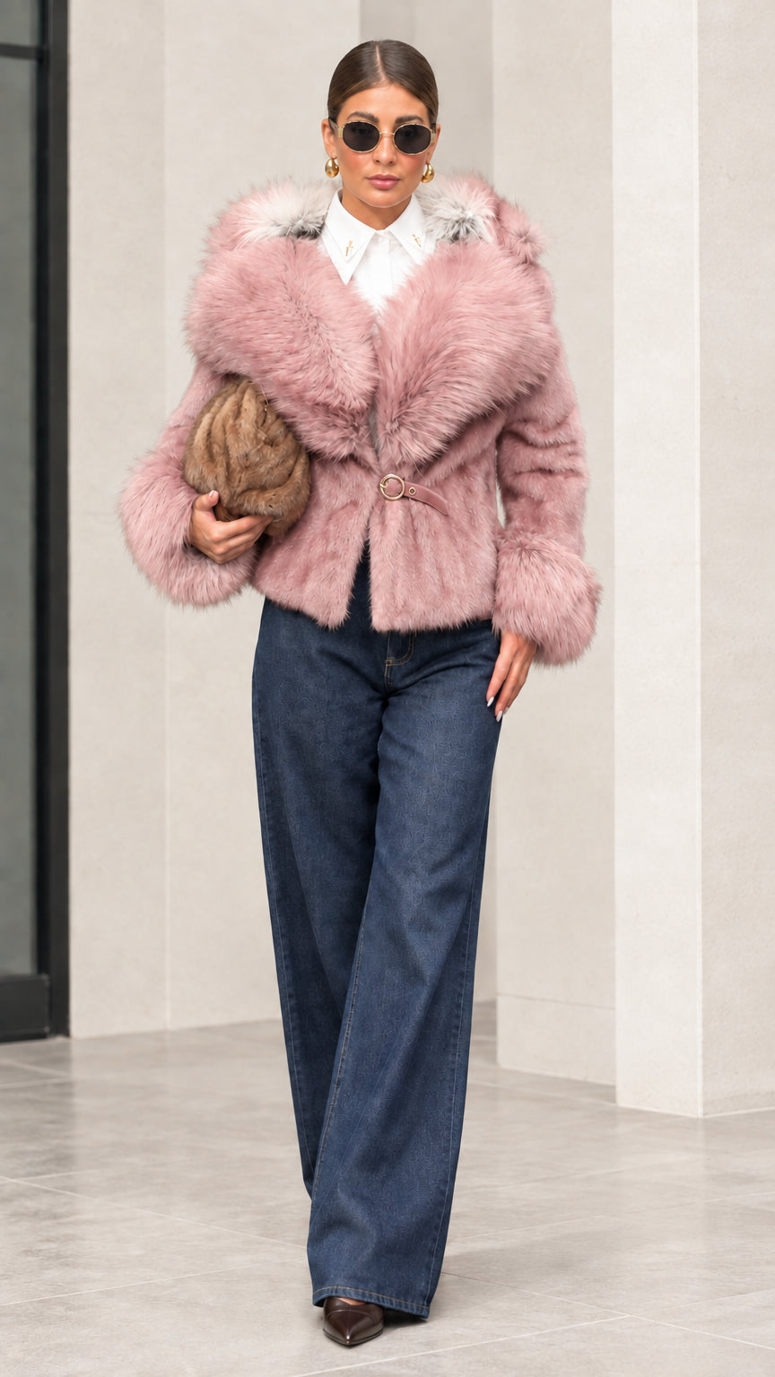 Woman wearing dusty pink monochrome faux fur trimmed hooded short jacket