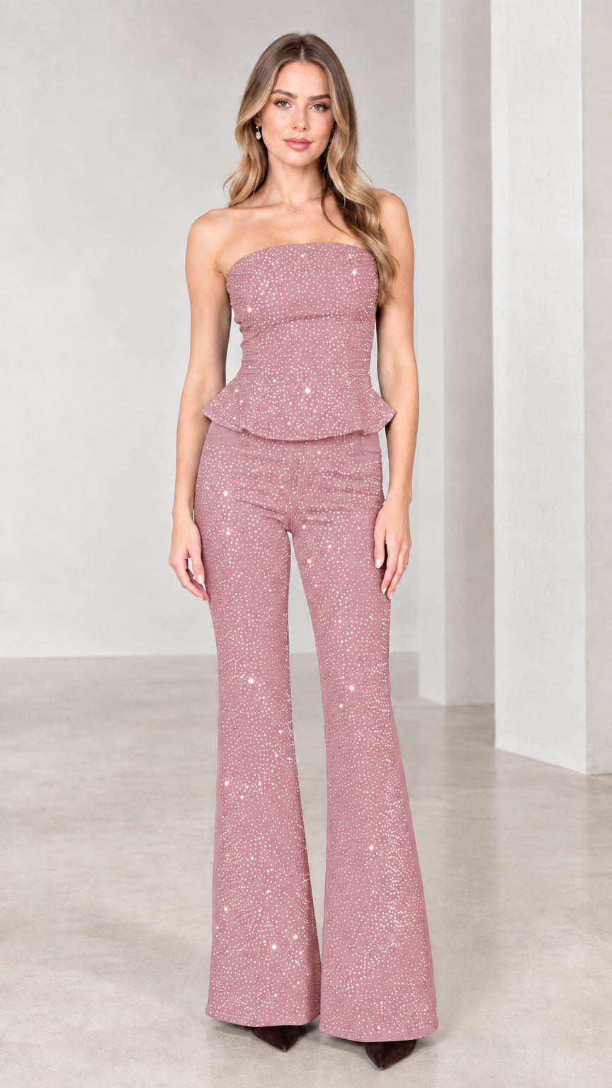 Dusty Rose strapless rhinestone peplum top and matching flare pants two-piece set