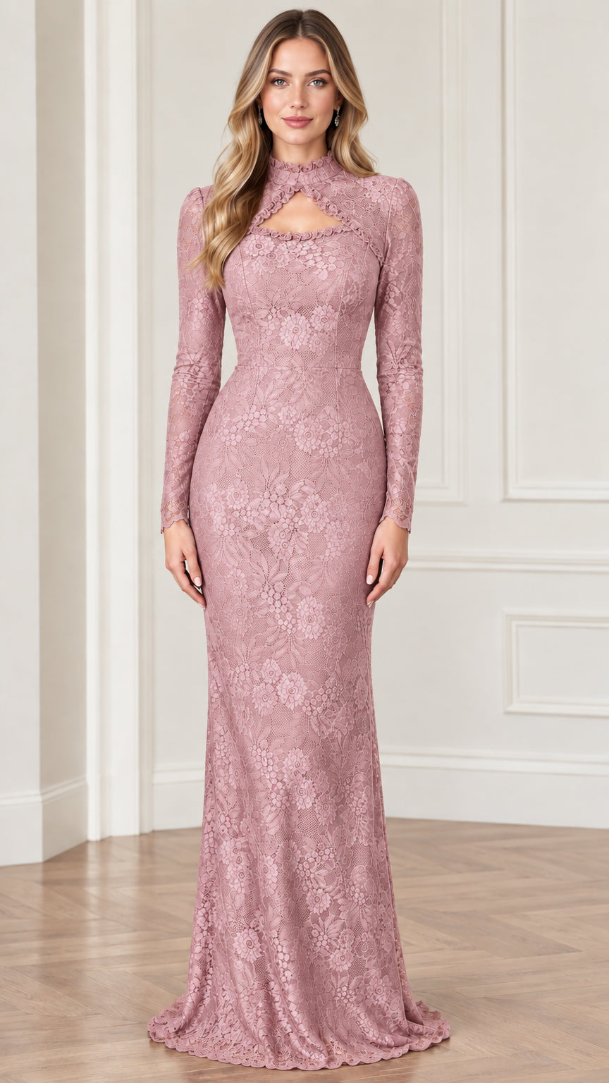 Front view of dusty pink long sleeve floral lace evening gown with keyhole neckline