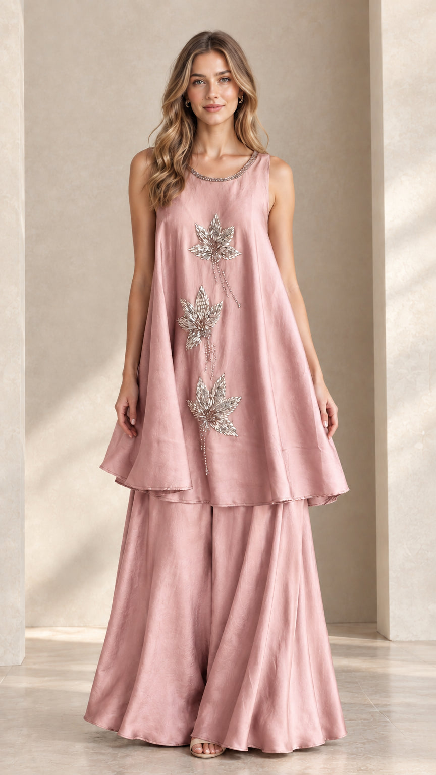Front view of dusty pink sleeveless beaded tunic and palazzo pant set