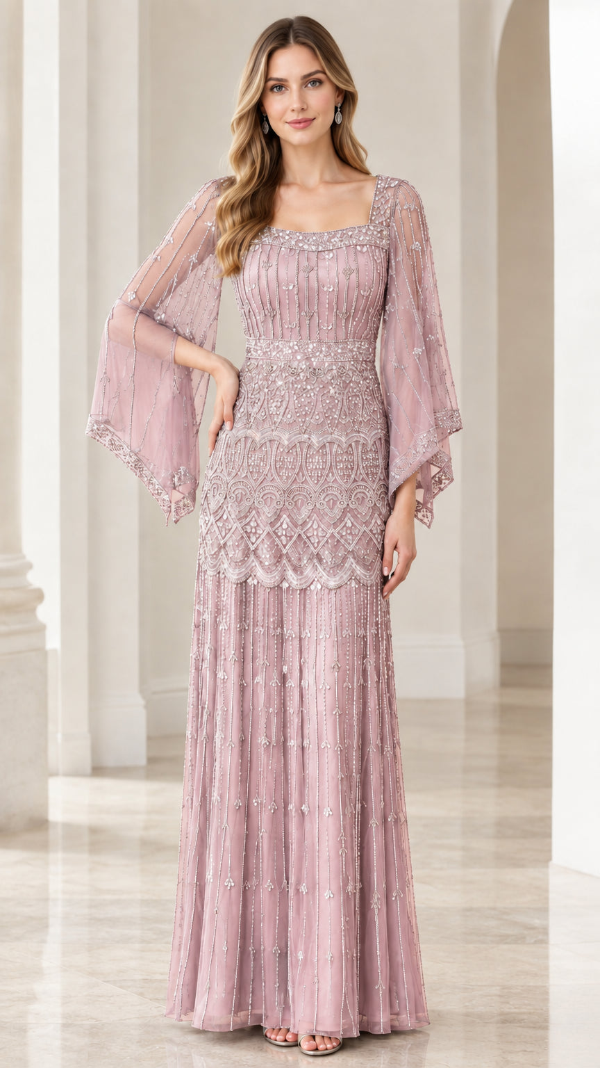 Dusty Rose beaded formal maxi dress with square neckline