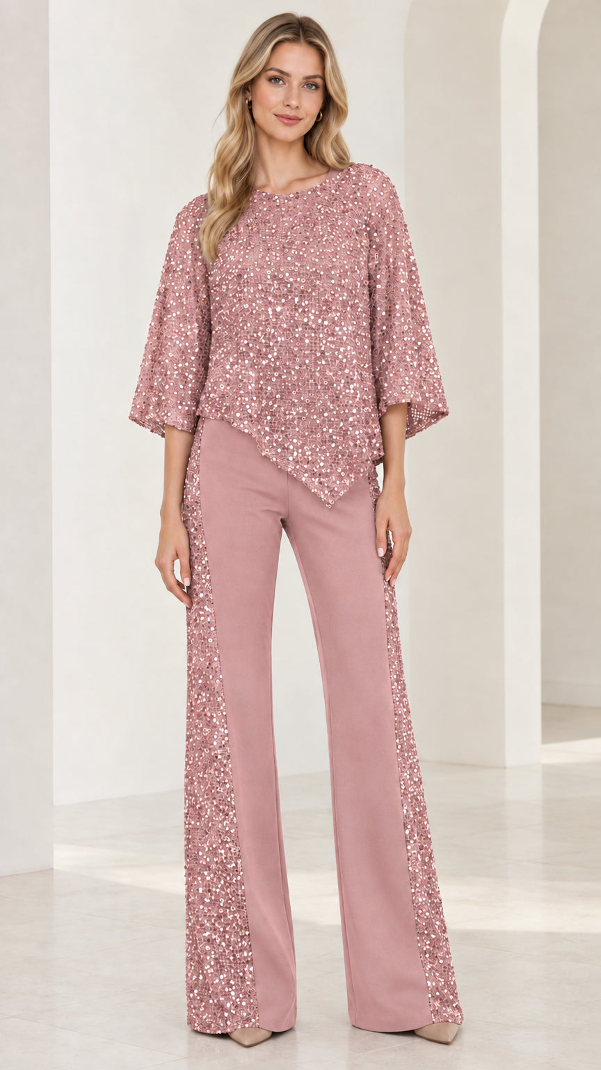 Front view of dusty pink sequined evening pant suit set