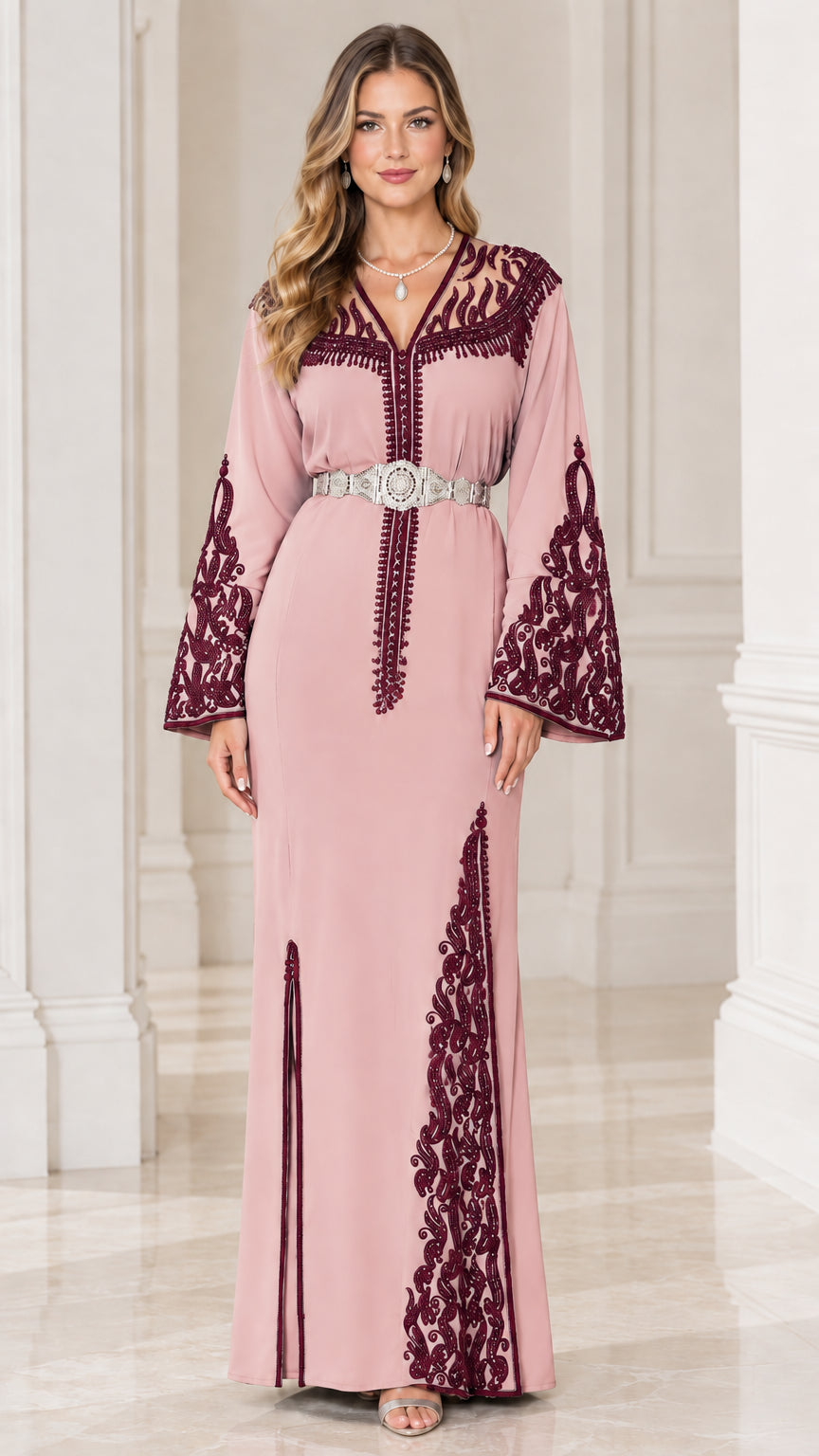 Dusty Pink embroidered caftan maxi dress with ornate maroon lace details