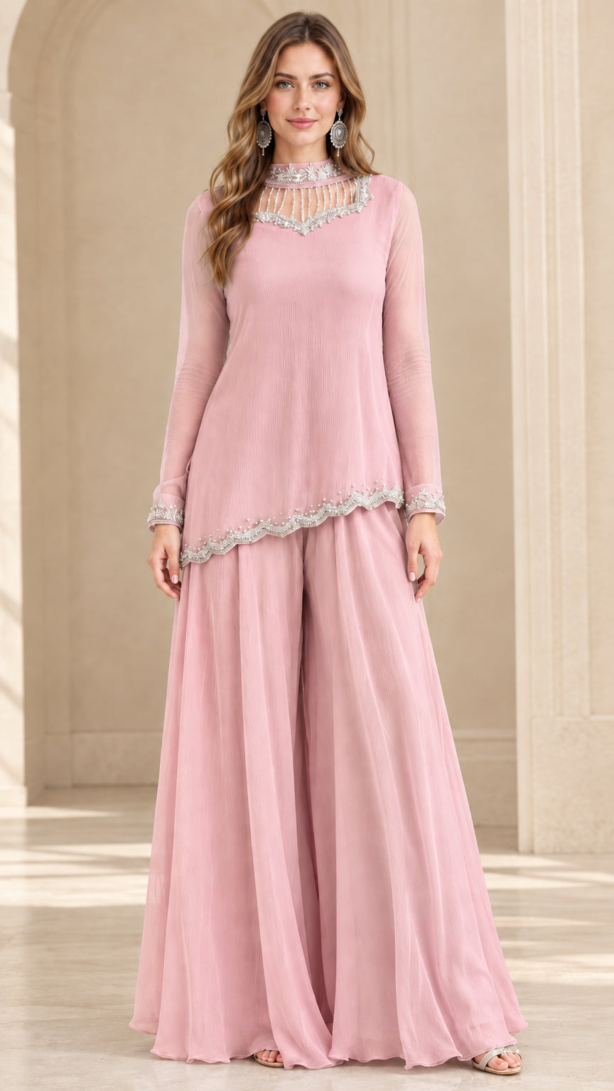 Dusty Pink elegant chiffon tunic top and wide-leg pant set