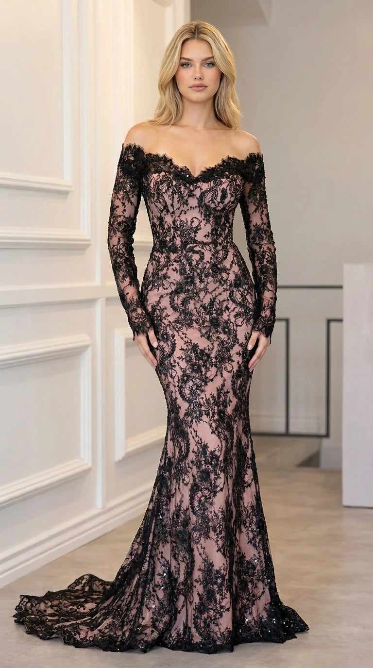 Off-shoulder black sequin lace evening gown with dusty rose lining