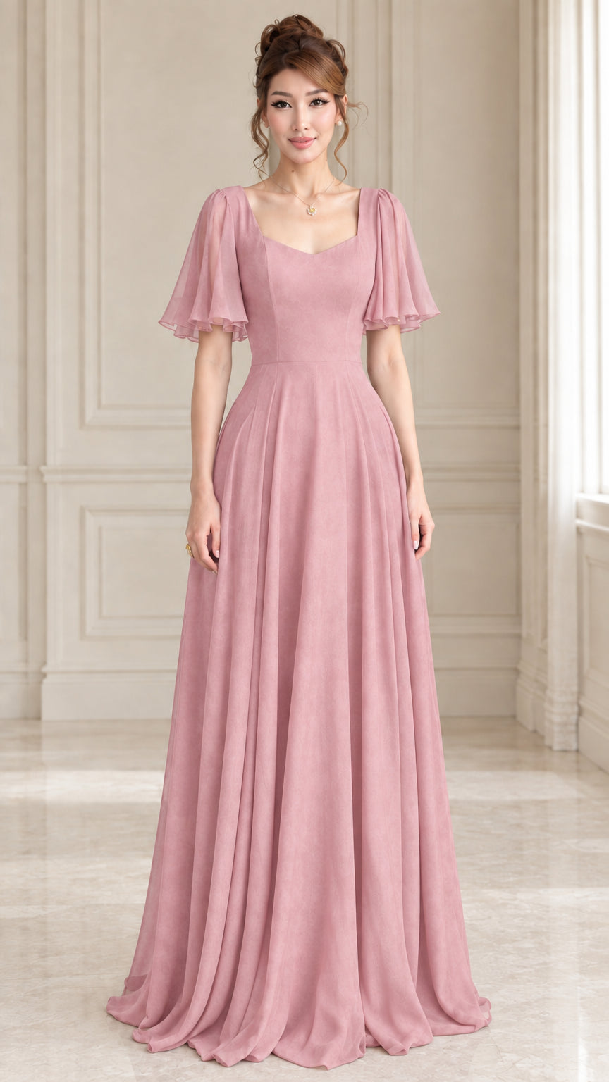 Dusty rose flutter sleeve chiffon evening maxi dress