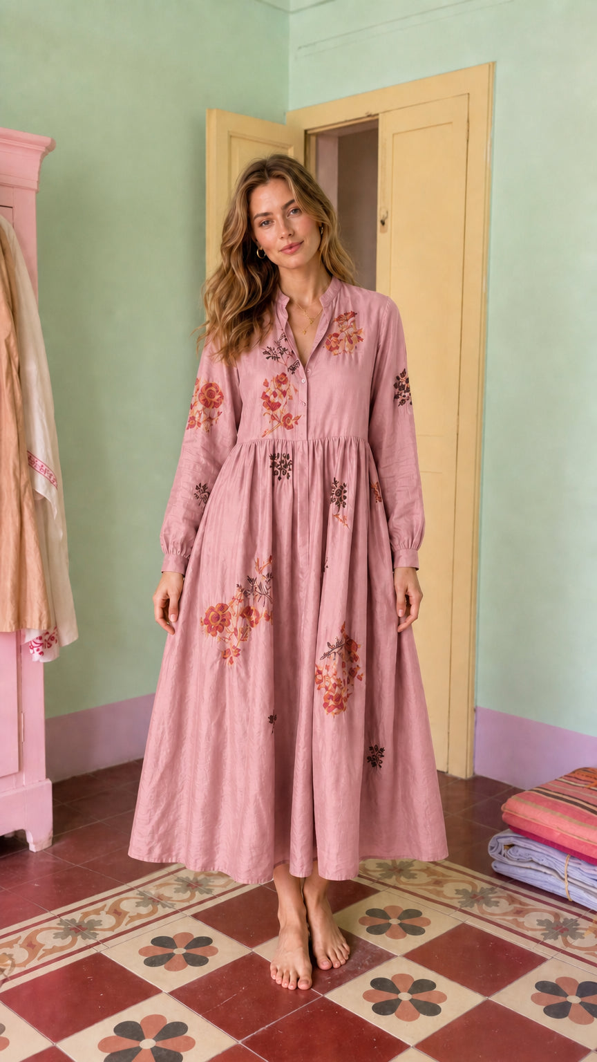 Front view of model wearing pink embroidered midi dress