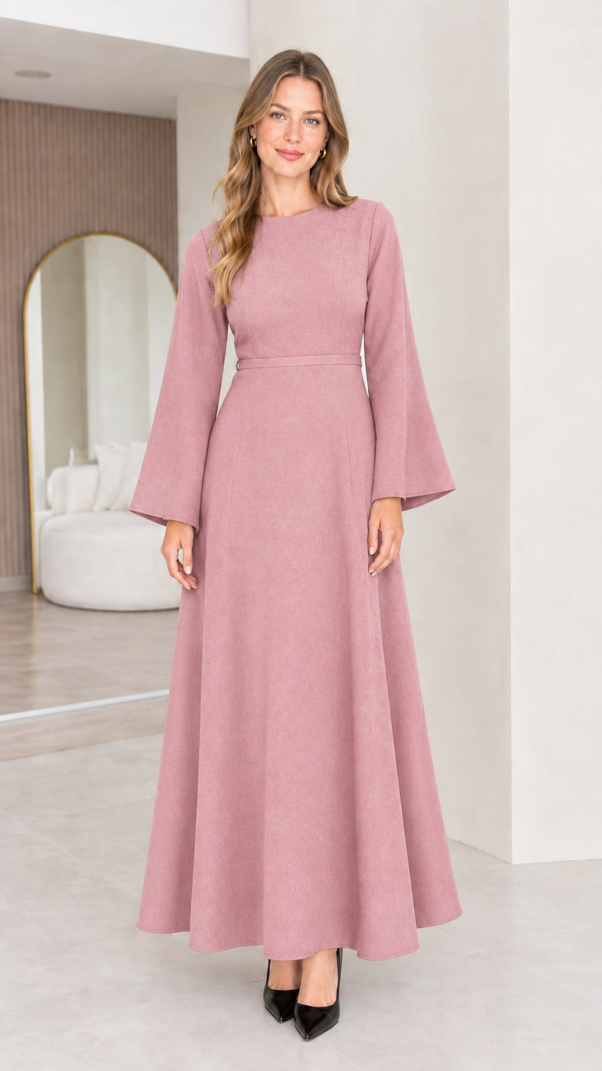 Front view of a dusty pink women's long sleeve A-line maxi dress