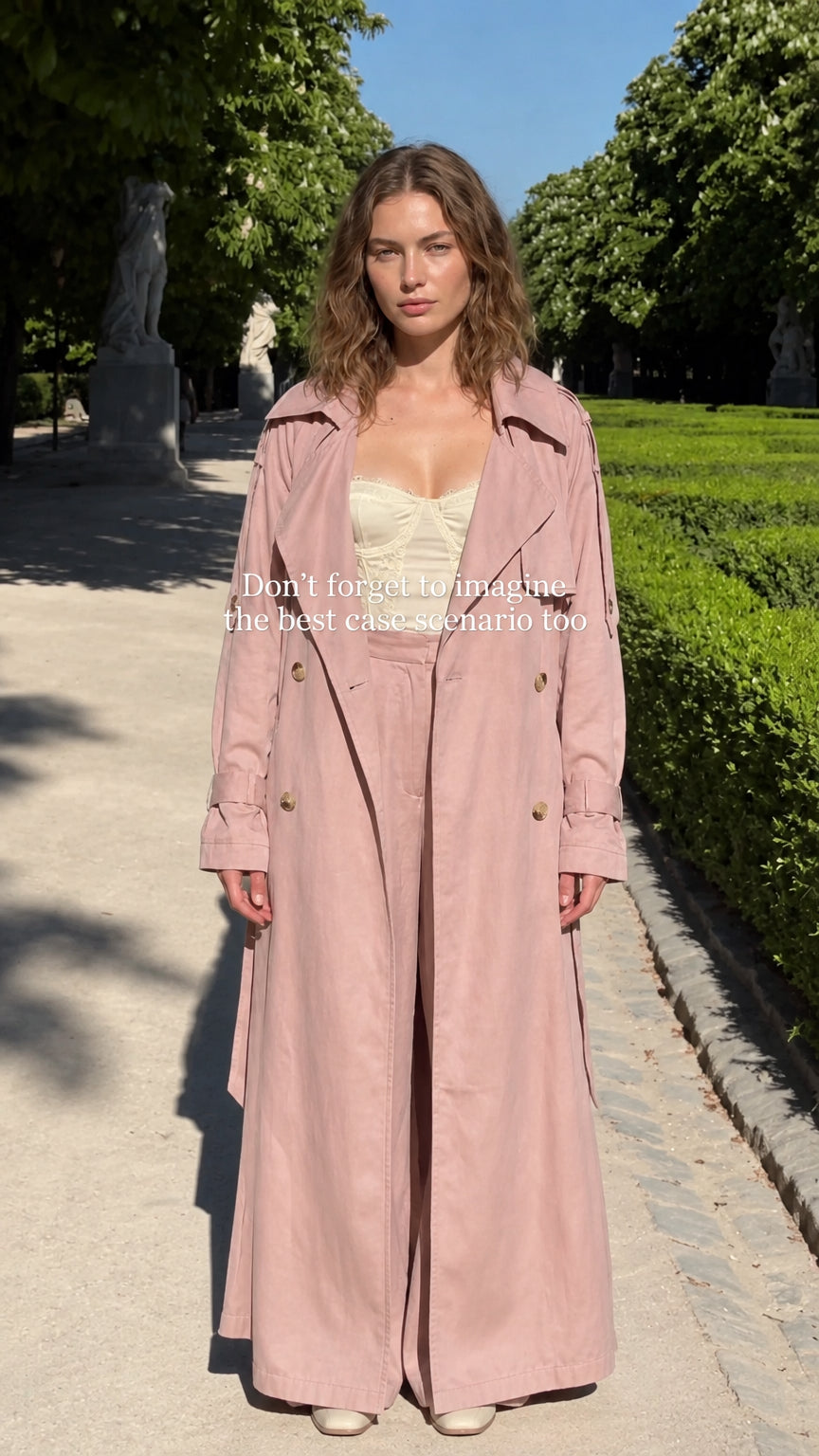 Model wearing dusty pink full-length trench coat and coordinated trousers