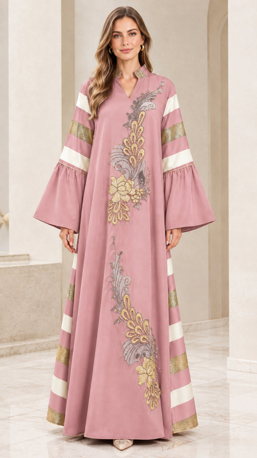 Full-length front view of dusty pink embroidered bell sleeve maxi dress