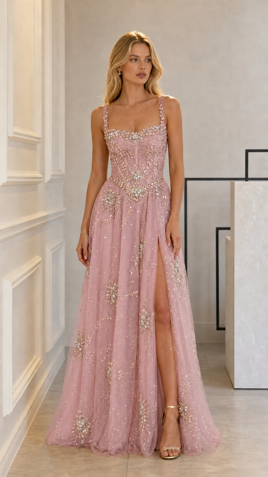 Front full-length view of blush pink crystal corset formal gown with leg slit