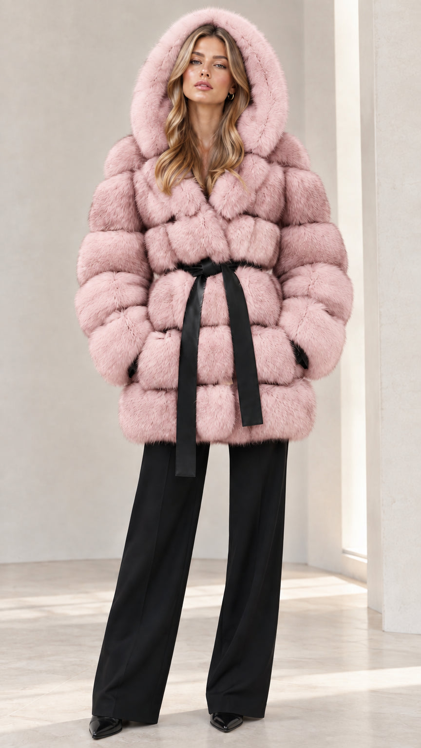 Full front view of Blush Pink hooded faux fur coat with black contrast belt