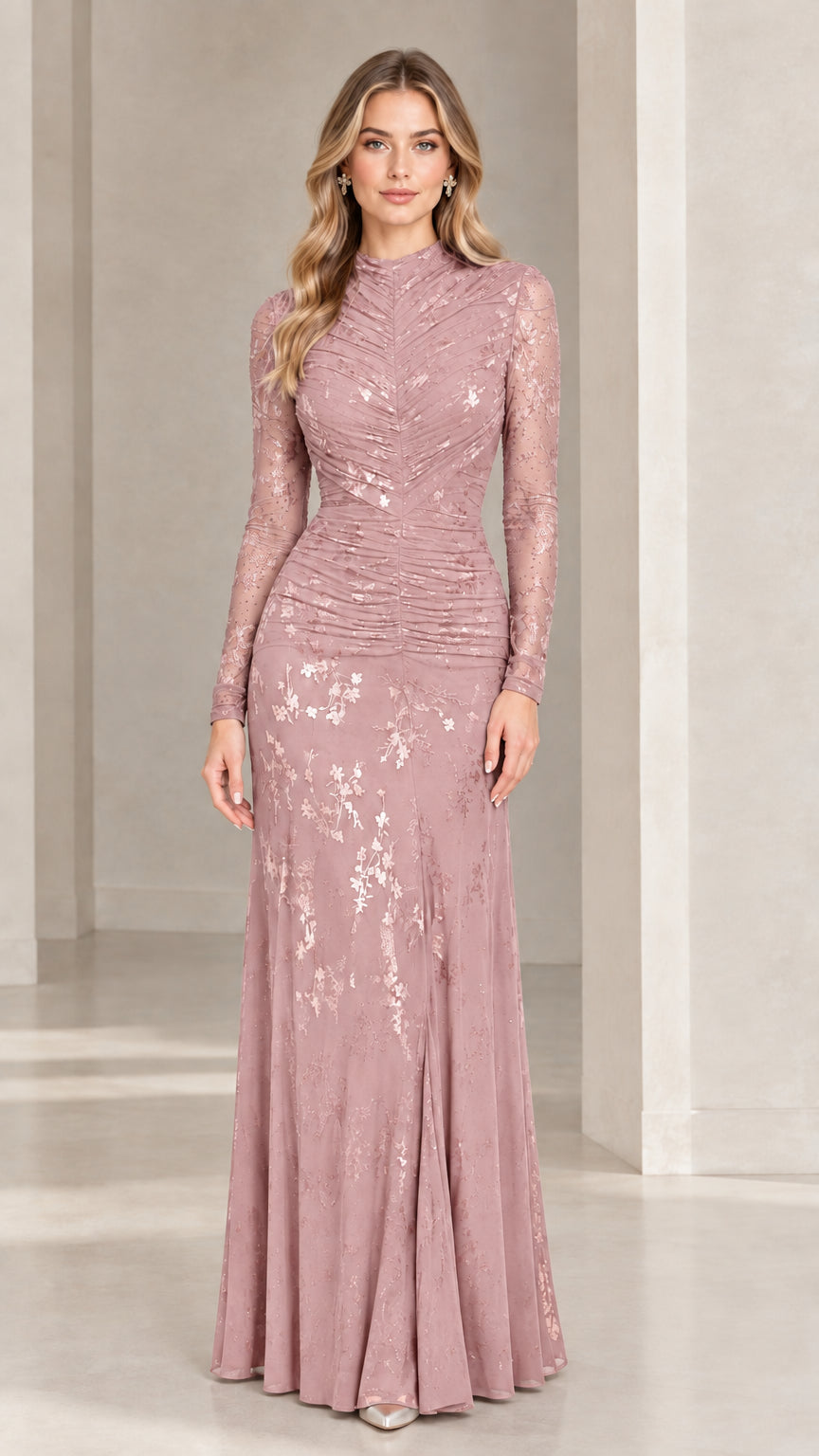 Front full view of mauve long sleeve mock neck floral lace evening gown