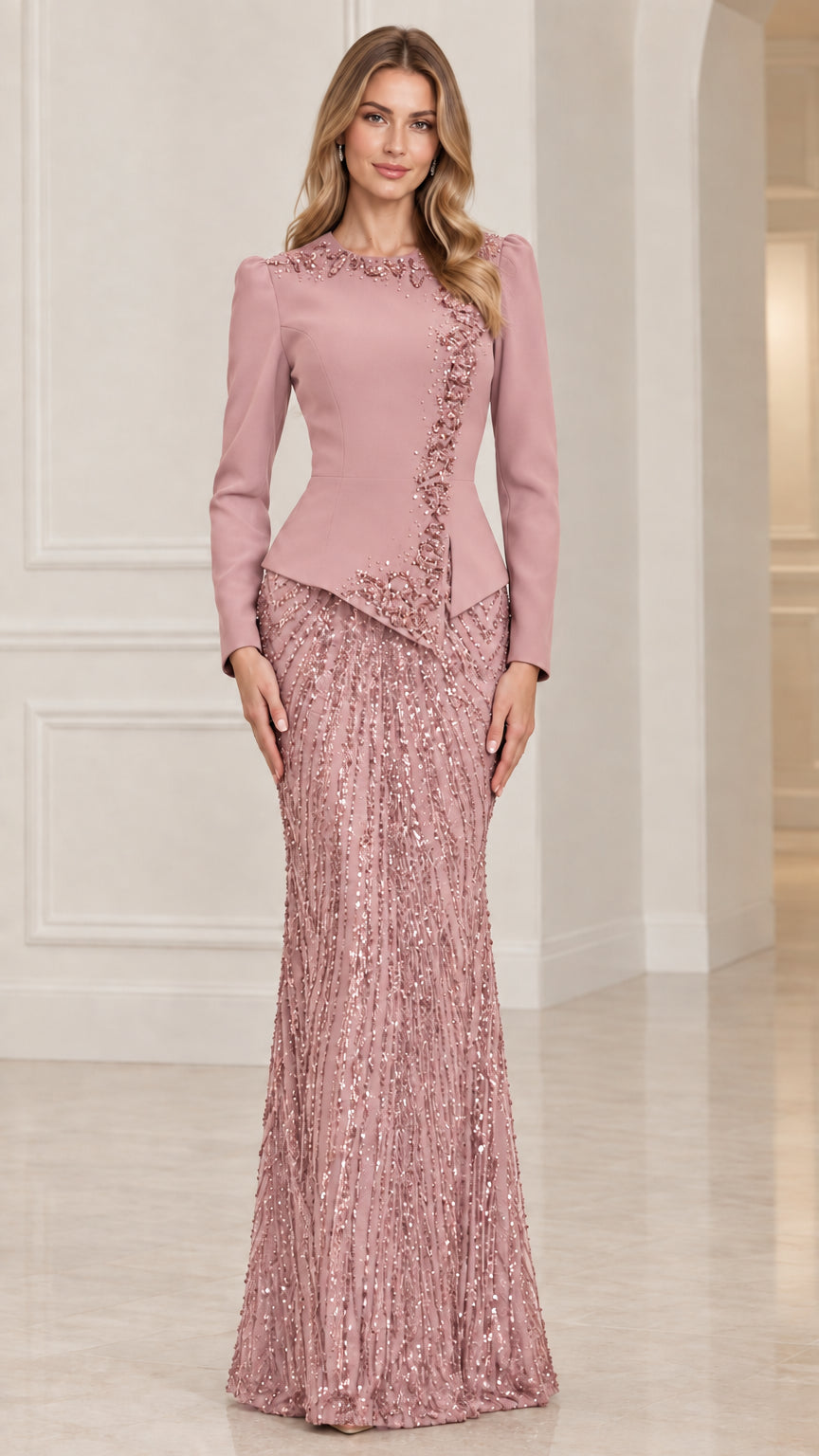Dusty rose pink long sleeve formal evening gown with beaded peplum waist