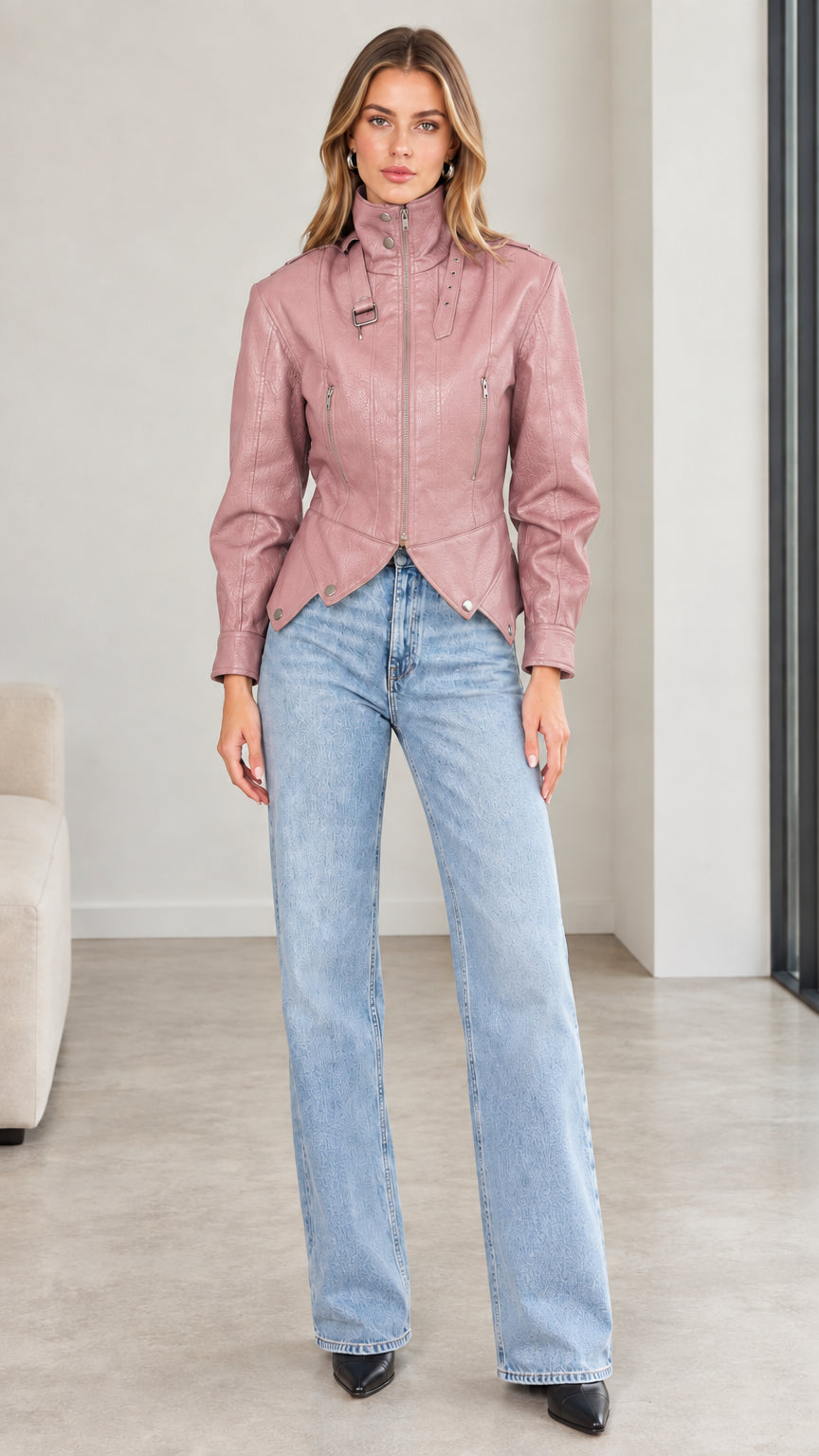 Front view of model wearing dusty pink faux leather moto jacket