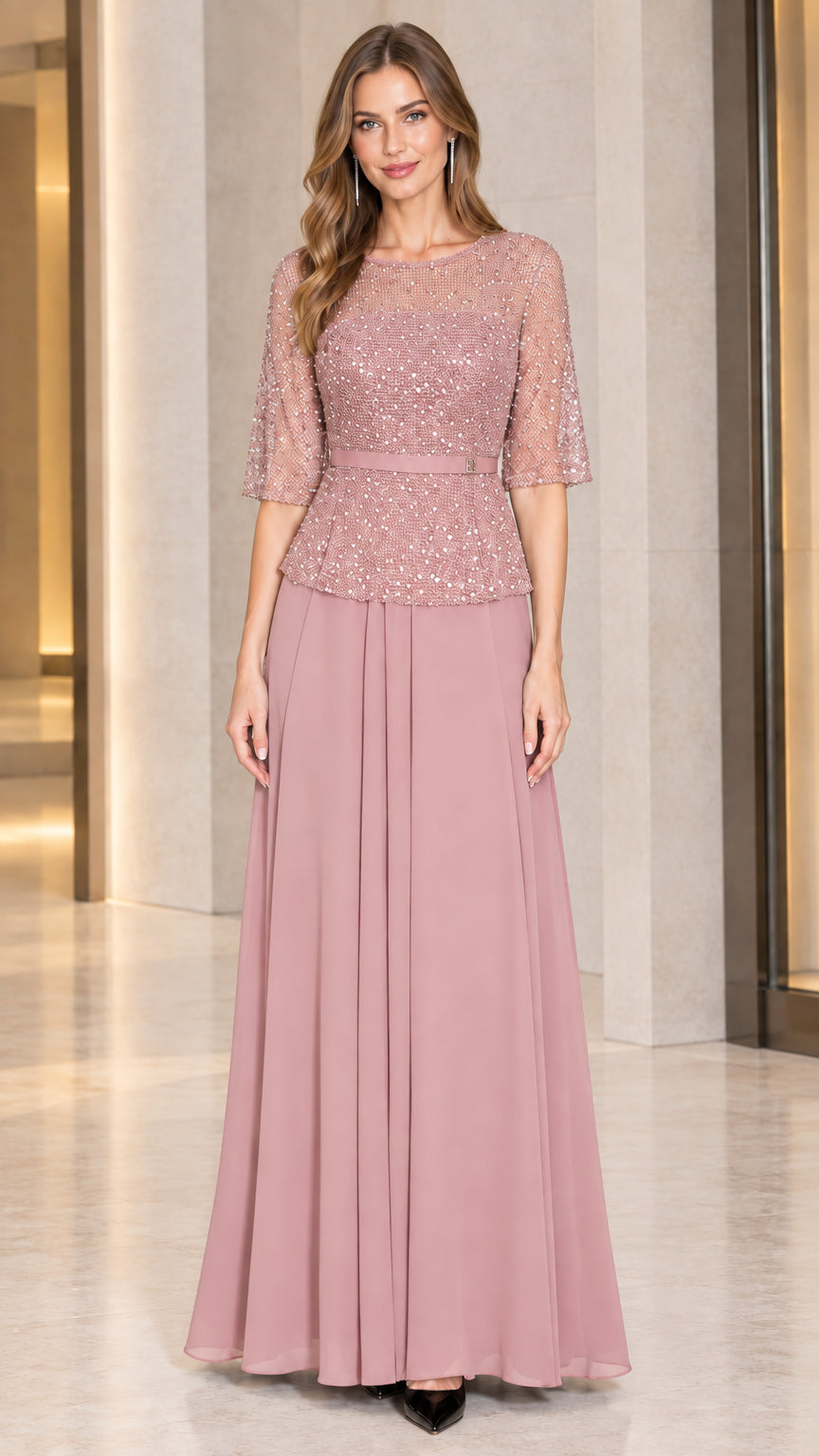 Dusty rose sequin mesh half sleeve maxi formal dress