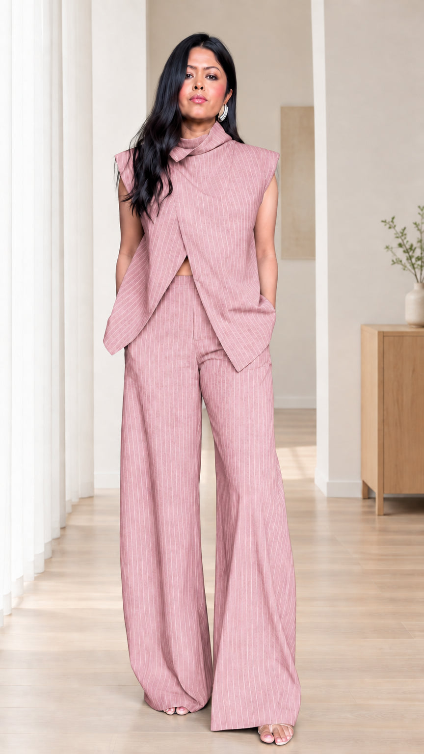 Dusty pink pinstripe high-neck top and wide-leg pant set