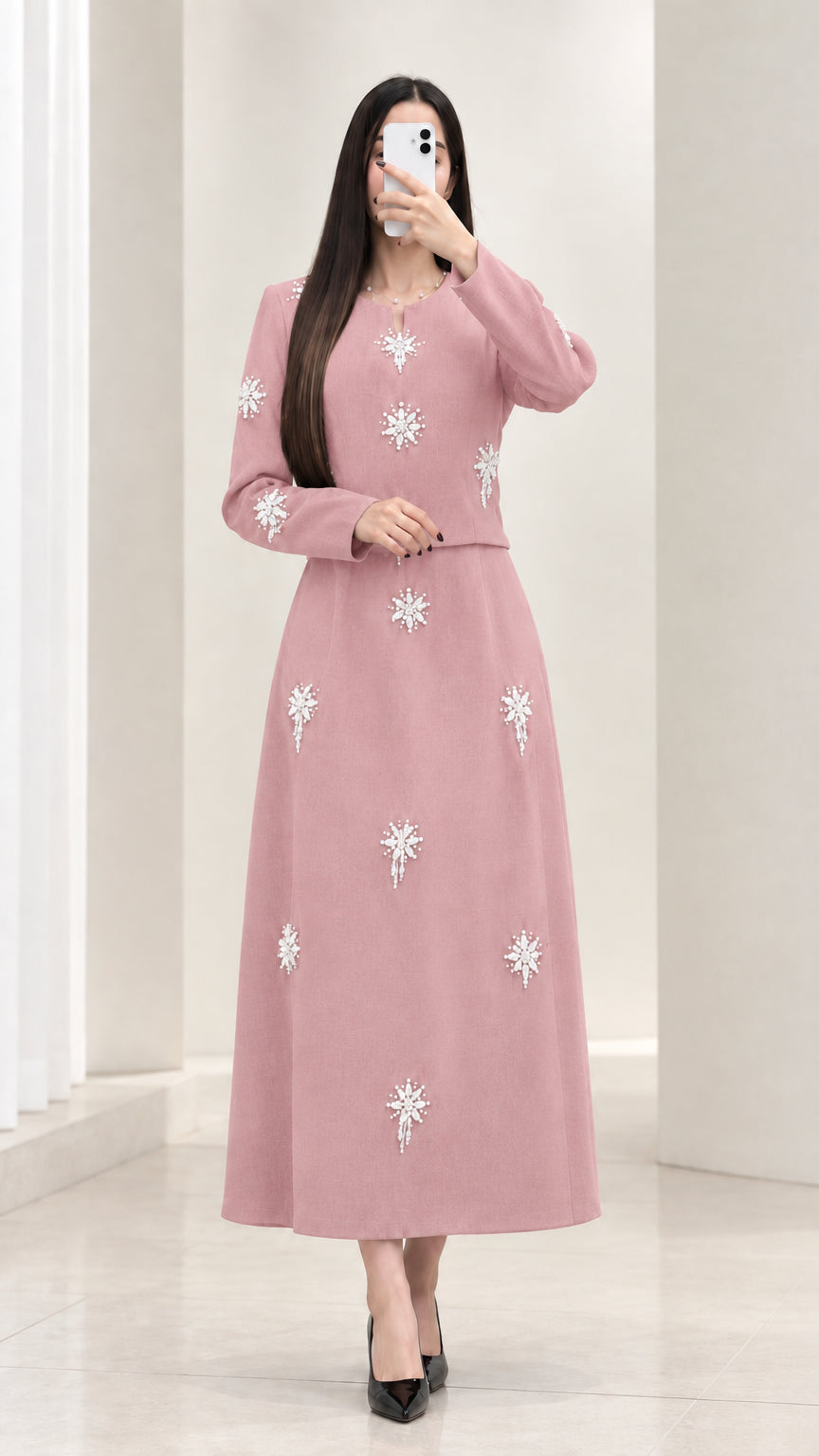 Dusty pink embellished long sleeve top and maxi skirt set