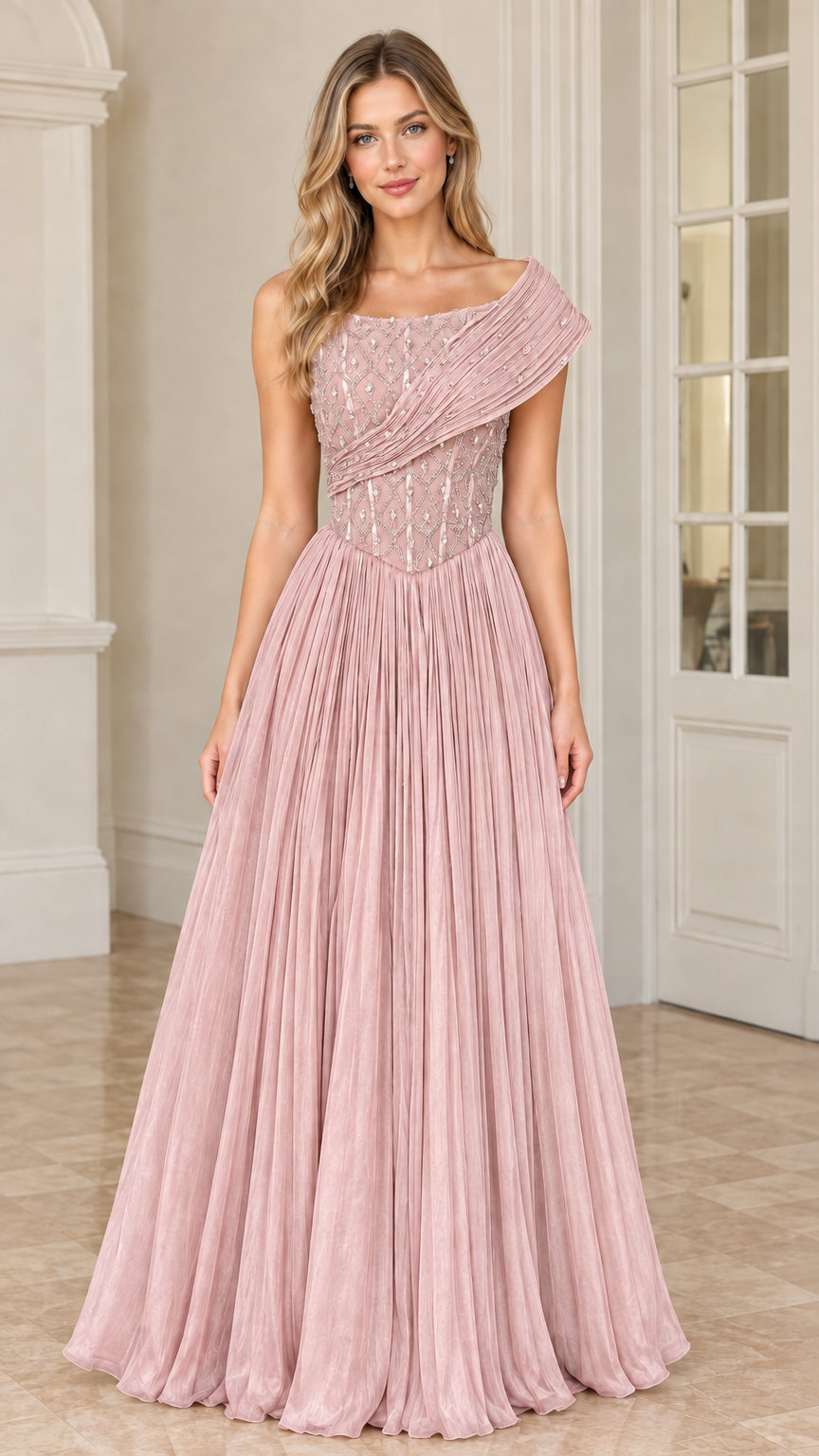Front view of model wearing Dusty Rose one-shoulder beaded pleated gown