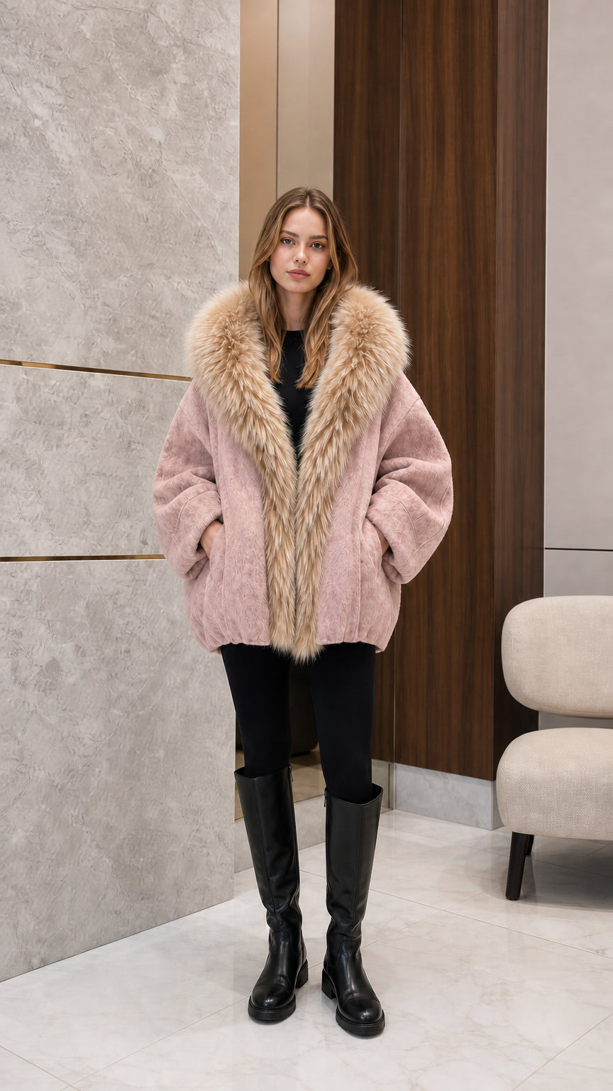 Front view of woman wearing dusty pink faux fur collar cocoon coat