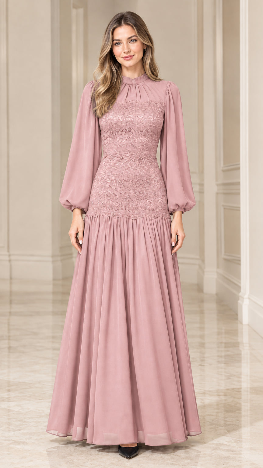 Dusty Pink long sleeve lace bodice mock neck chiffon maxi dress