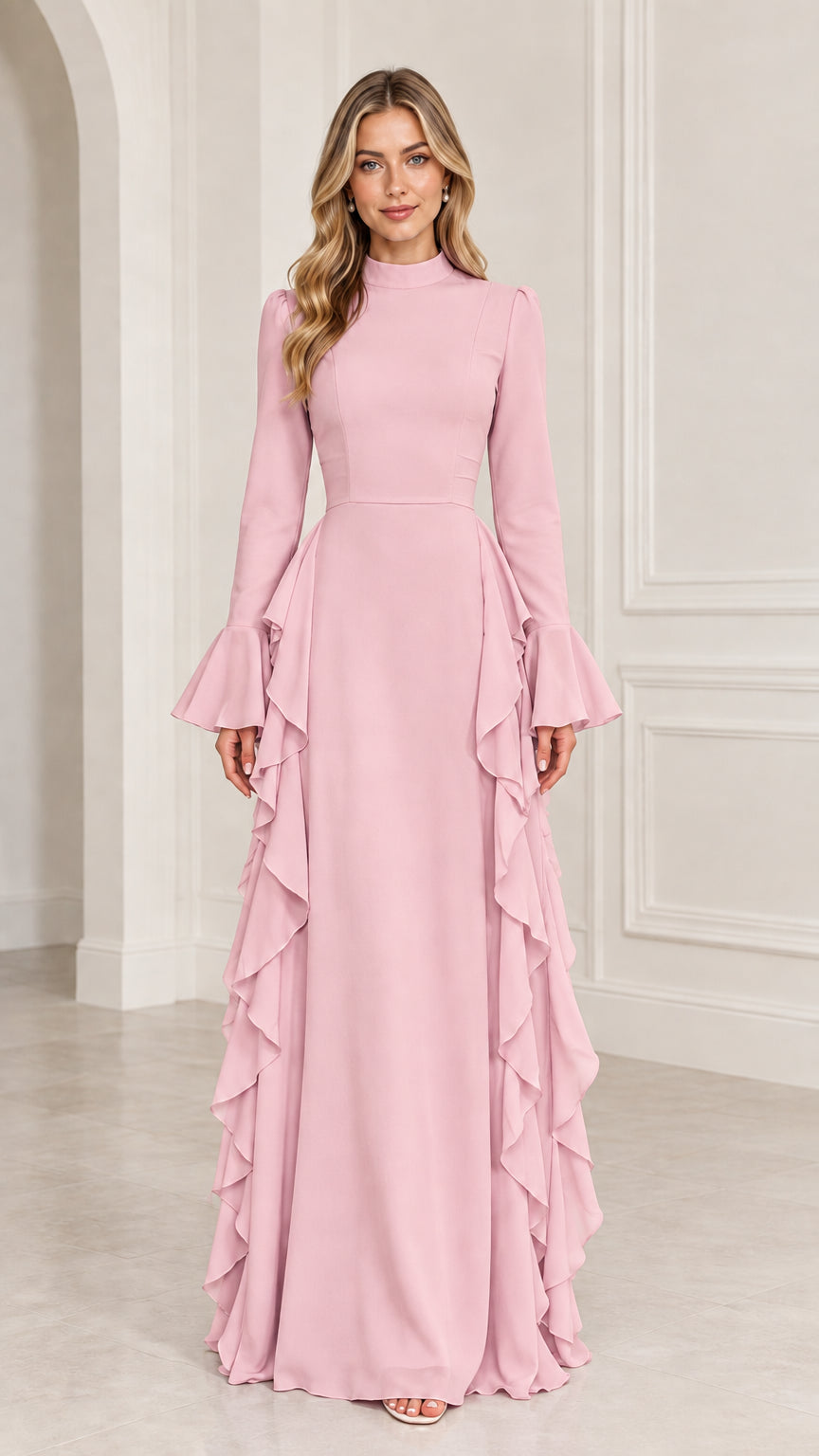 Front view of woman wearing Blush Pink long sleeve ruffle maxi dress