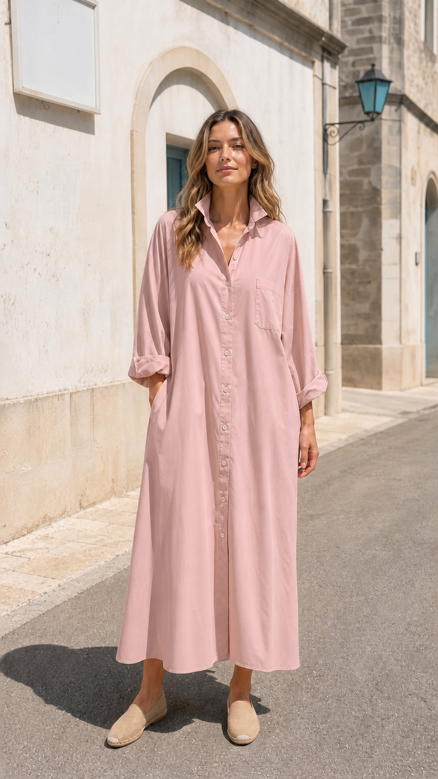 Front view of woman wearing pink long sleeve button-down maxi shirt dress