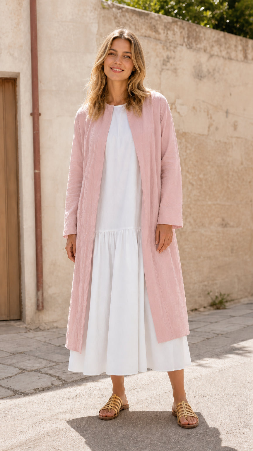 Woman wearing pink open front longline duster coat over white dress