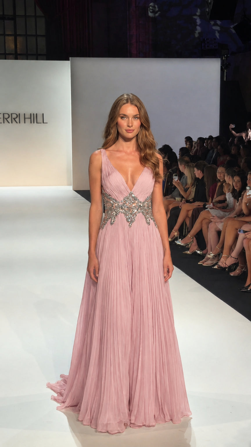 Blush pink pleated floor-length formal gown with a deep V-neck