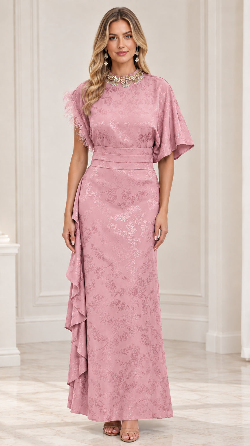 Dusty pink embellished high-neck jacquard maxi dress front view