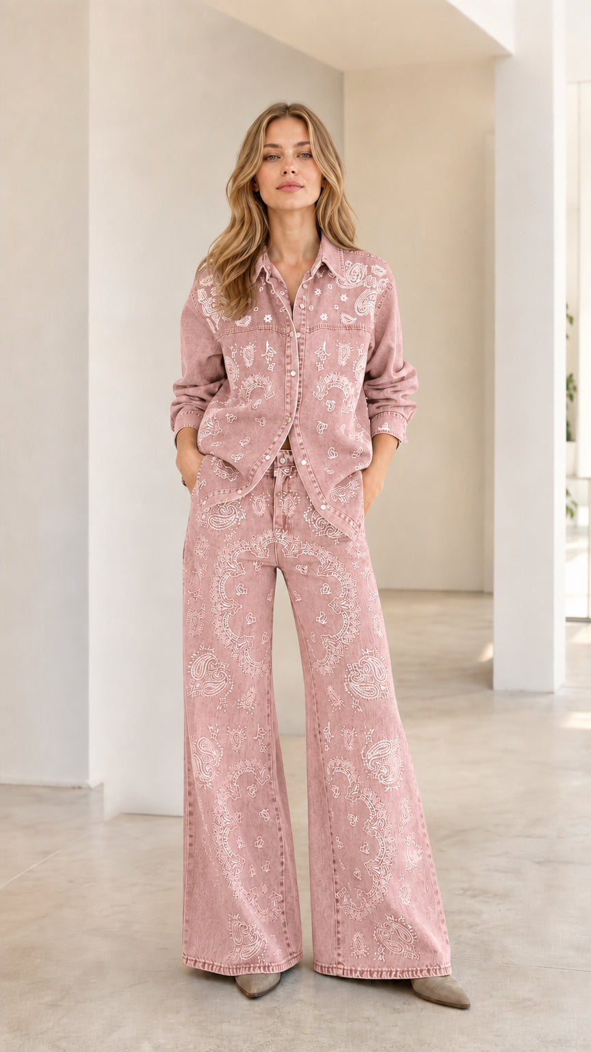 Full front view of woman wearing Dusty Pink paisley print denim matching set