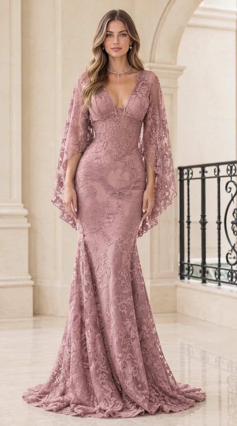 Front view of Dusty Rose lace cape sleeve mermaid formal gown