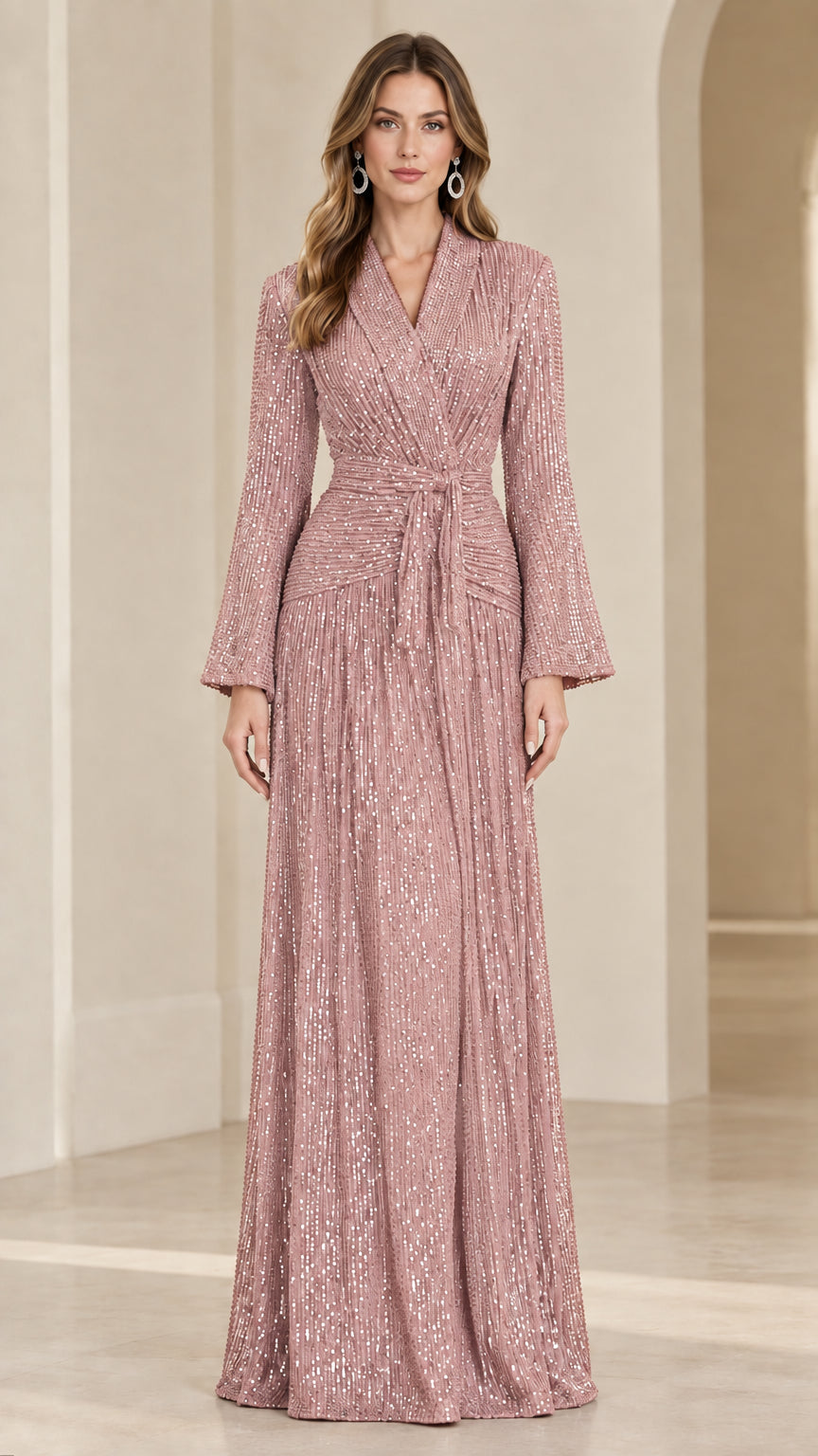 Model wearing dusty pink long-sleeve sequin wrap maxi dress
