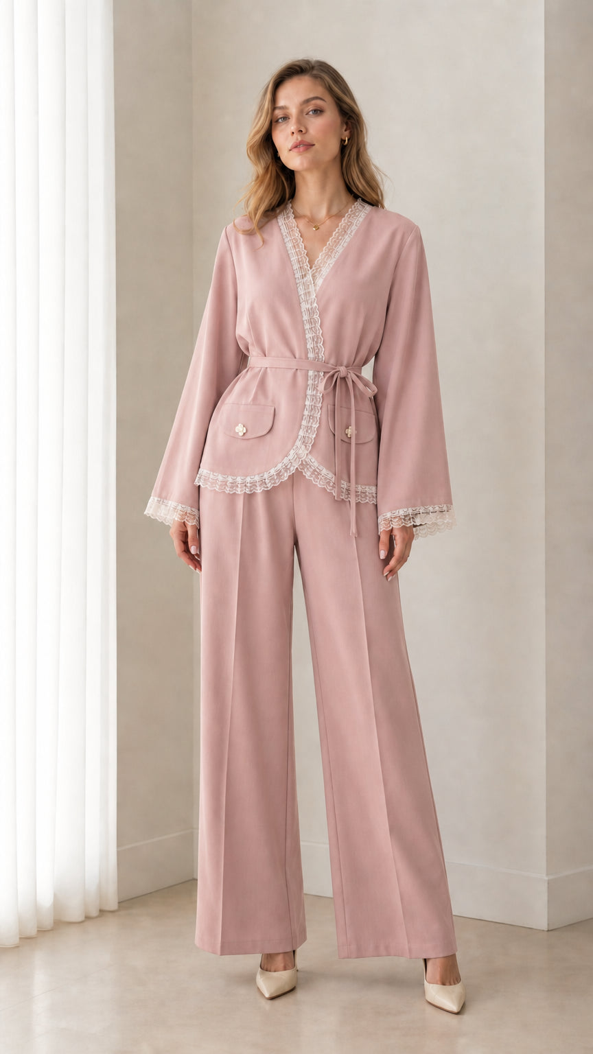 Front view of woman wearing dusty pink lace-trimmed wrap suit set