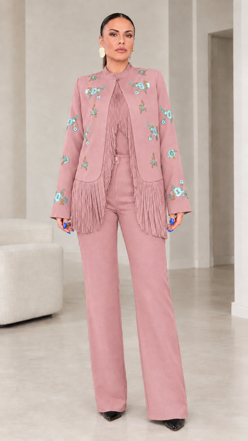 Dusty pink floral embroidered fringe jacket and matching trousers suit set