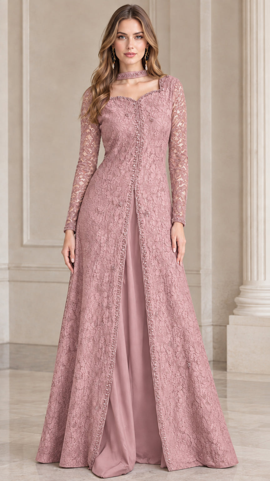 Dusty rose beaded lace overlay formal evening gown