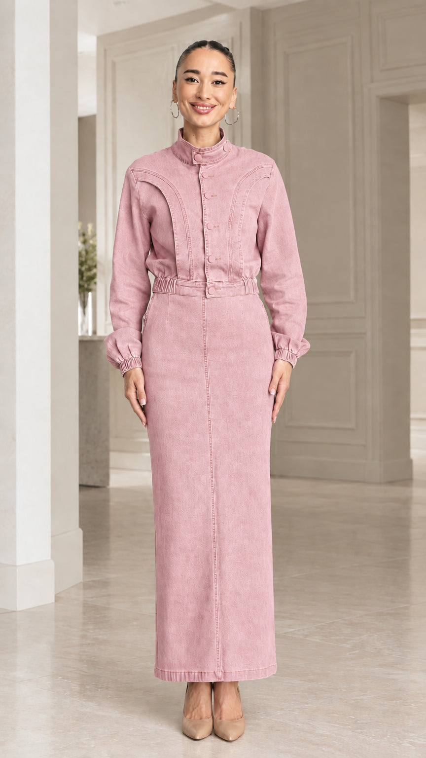 Full-length front view of model wearing Dusty Pink long sleeve denim maxi dress