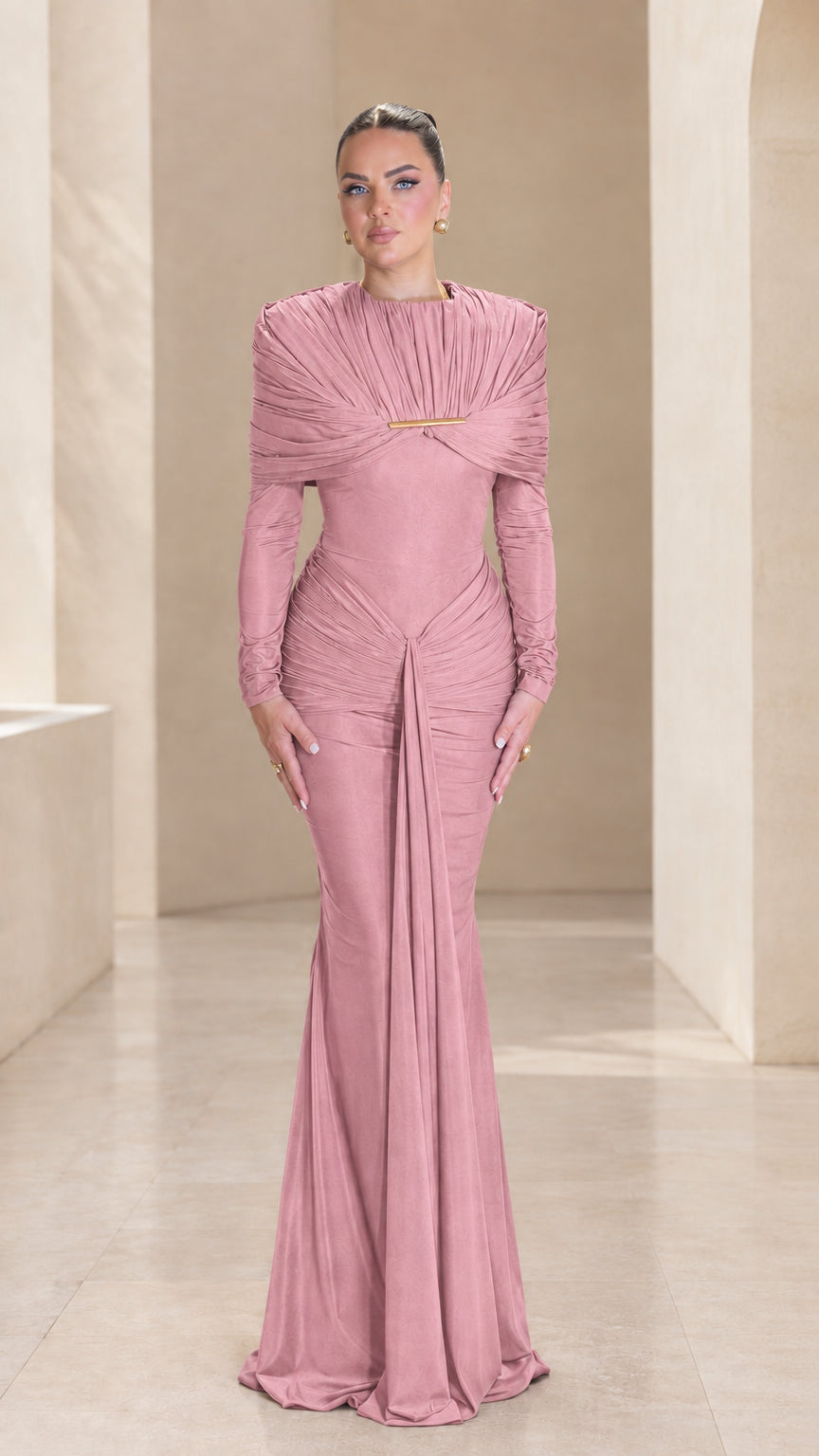 Front view of dusty rose long sleeve pleated cape evening gown