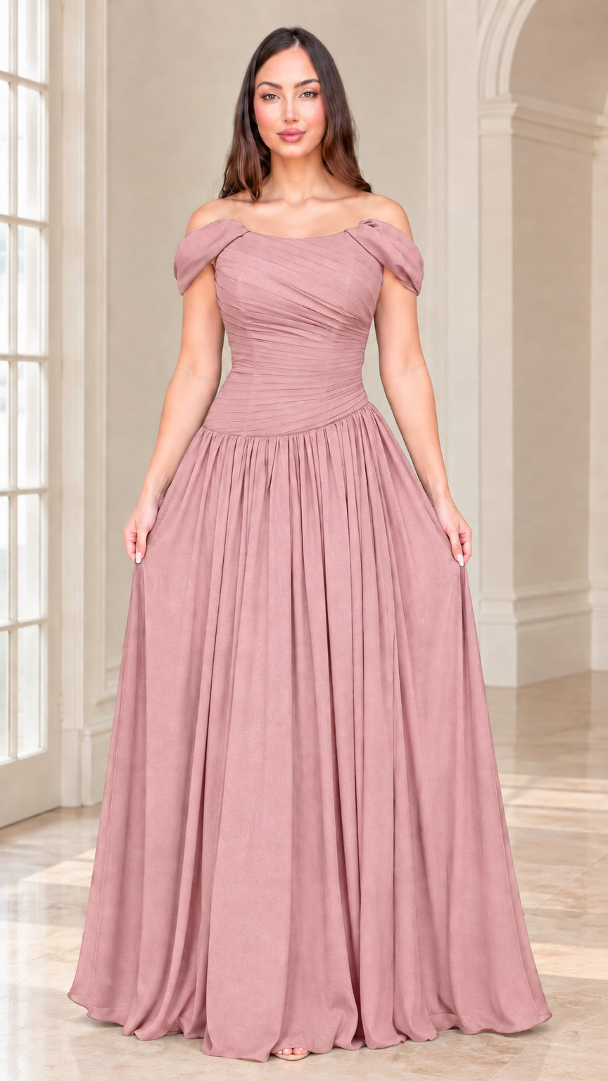 Front view of model wearing dusty rose off-the-shoulder bridesmaid gown