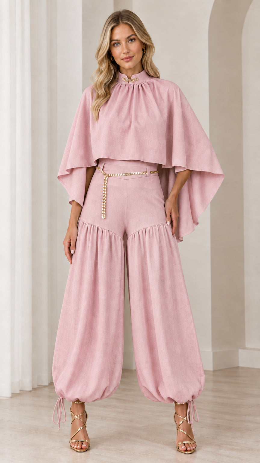 Dusty pink capelet top and ruched balloon pants set with gold belt