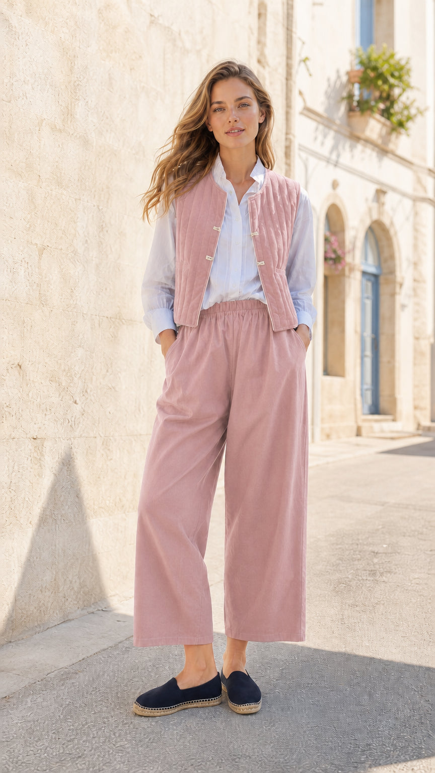 Woman wearing Pink quilted vest and wide-leg pants co-ord set